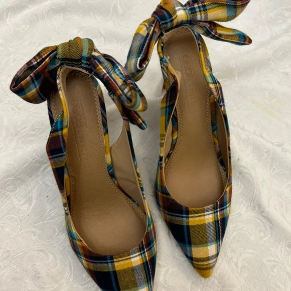 asos Plaid Slingback Pumps with Bow on heel szUK4/US6 Yellow Multi color - Picture 5 of 8